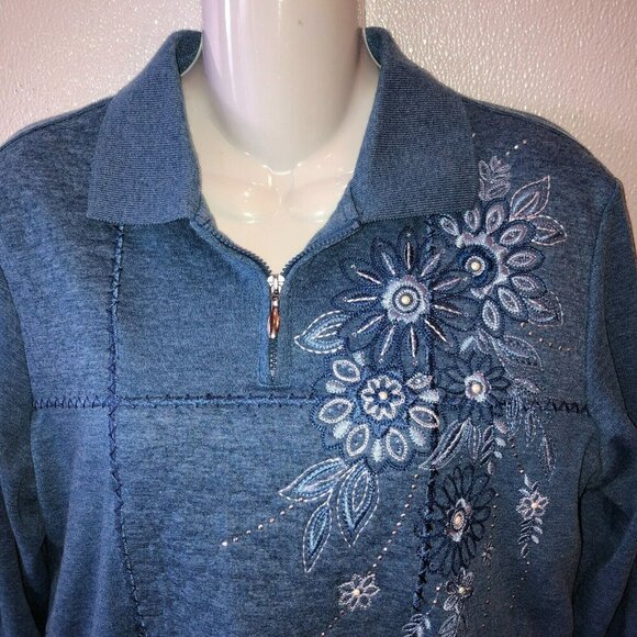 Alfred Dunner Small Blue Flower Embroidered Quarter Zip Sweatshirt Shirt Size S - Picture 5 of 10
